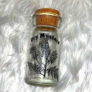 Vintage dry mustard 1970s Wheaton glass spice jar.